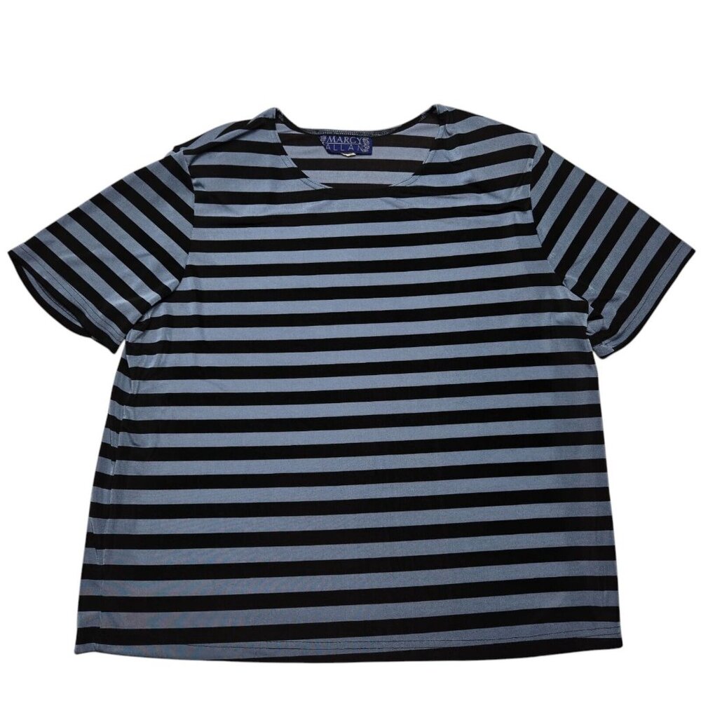 Vintage Marcy Allan Top Womens Plus 2X Blue Striped Stretch Short Sleeve Blouse